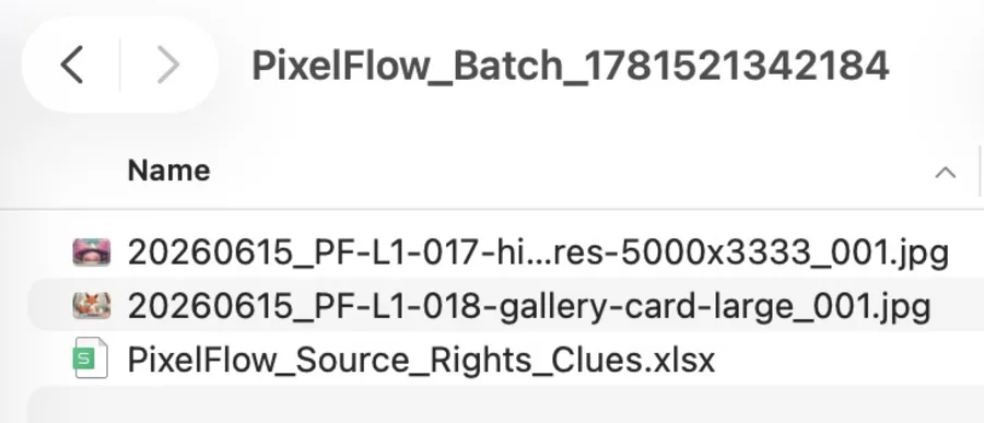 Pixel Flow download package containing image files and a source and rights clue spreadsheet