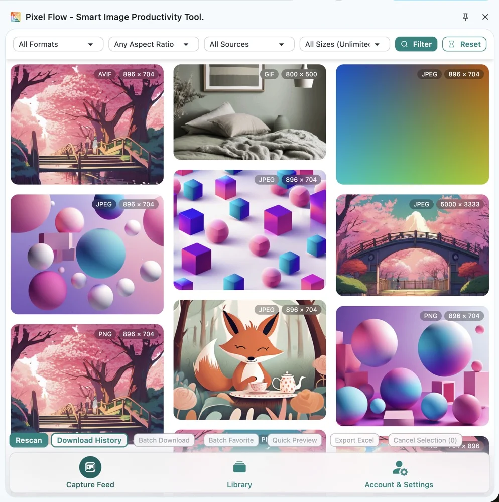 Pixel Flow capture feed showing scanned page images, format filters, size details, and batch action controls