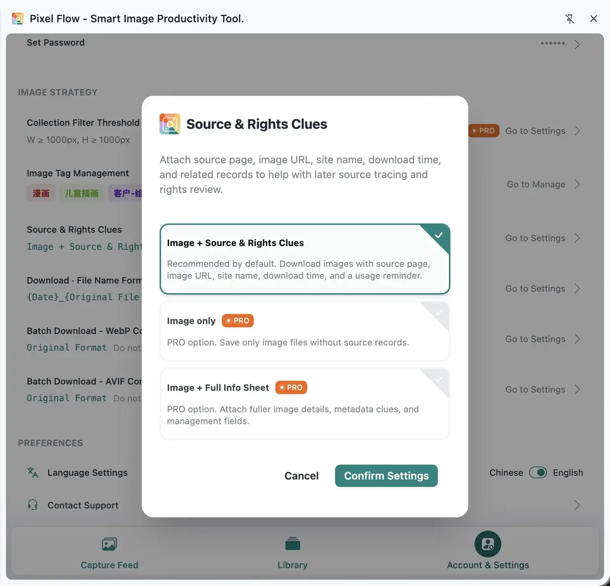 Pixel Flow source and rights clue record settings dialog