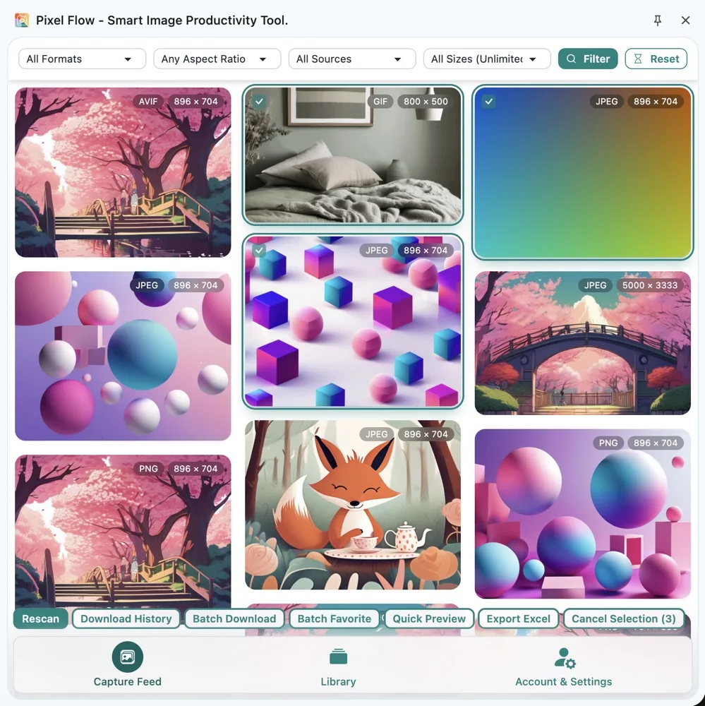 Multiple images selected in the Pixel Flow Capture Feed with batch download actions visible