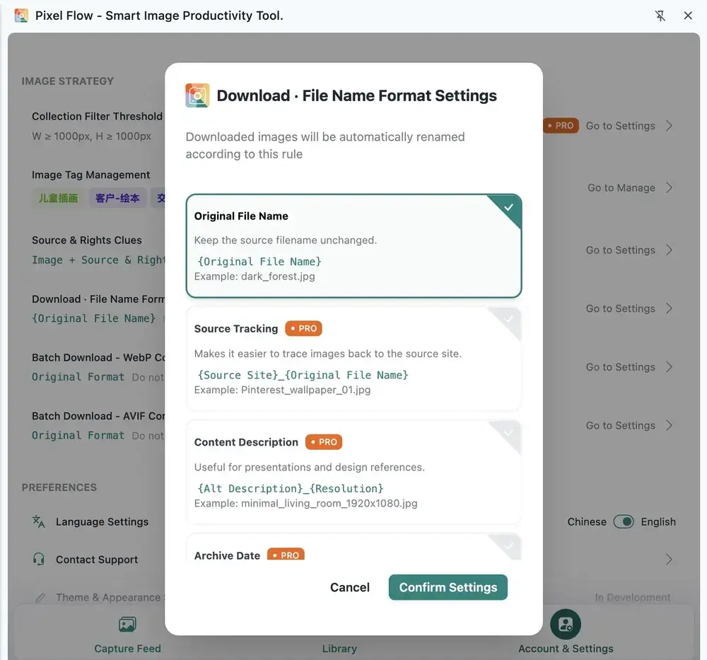 Pixel Flow Download Filename Format settings showing Original File Name, Source Tracking, Content Description, and Archive Date rules