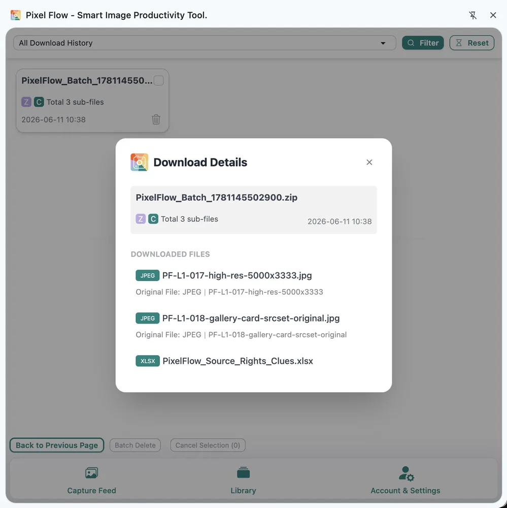 Pixel Flow Download Records showing past downloads, times, and file counts