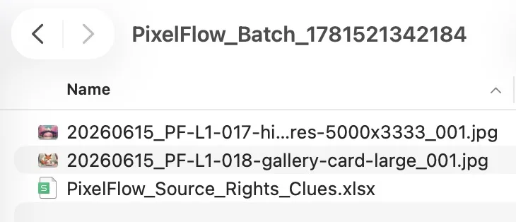 Pixel Flow batch download package containing image files and a Source and Rights Clues spreadsheet