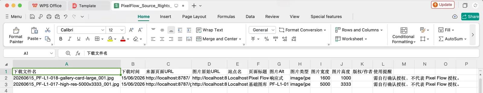 Pixel Flow Source and Rights Clues spreadsheet showing download filename, download time, source page, original image URL, site name, and usage reminder