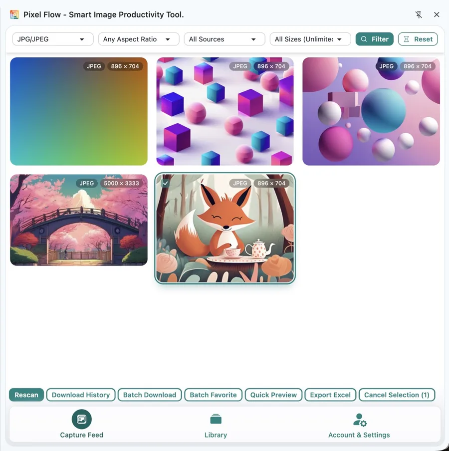 Pixel Flow Capture Feed with ecommerce images filtered and selected