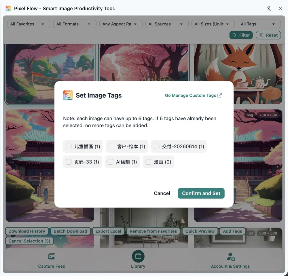 Pixel Flow library batch adding tags to favorited images
