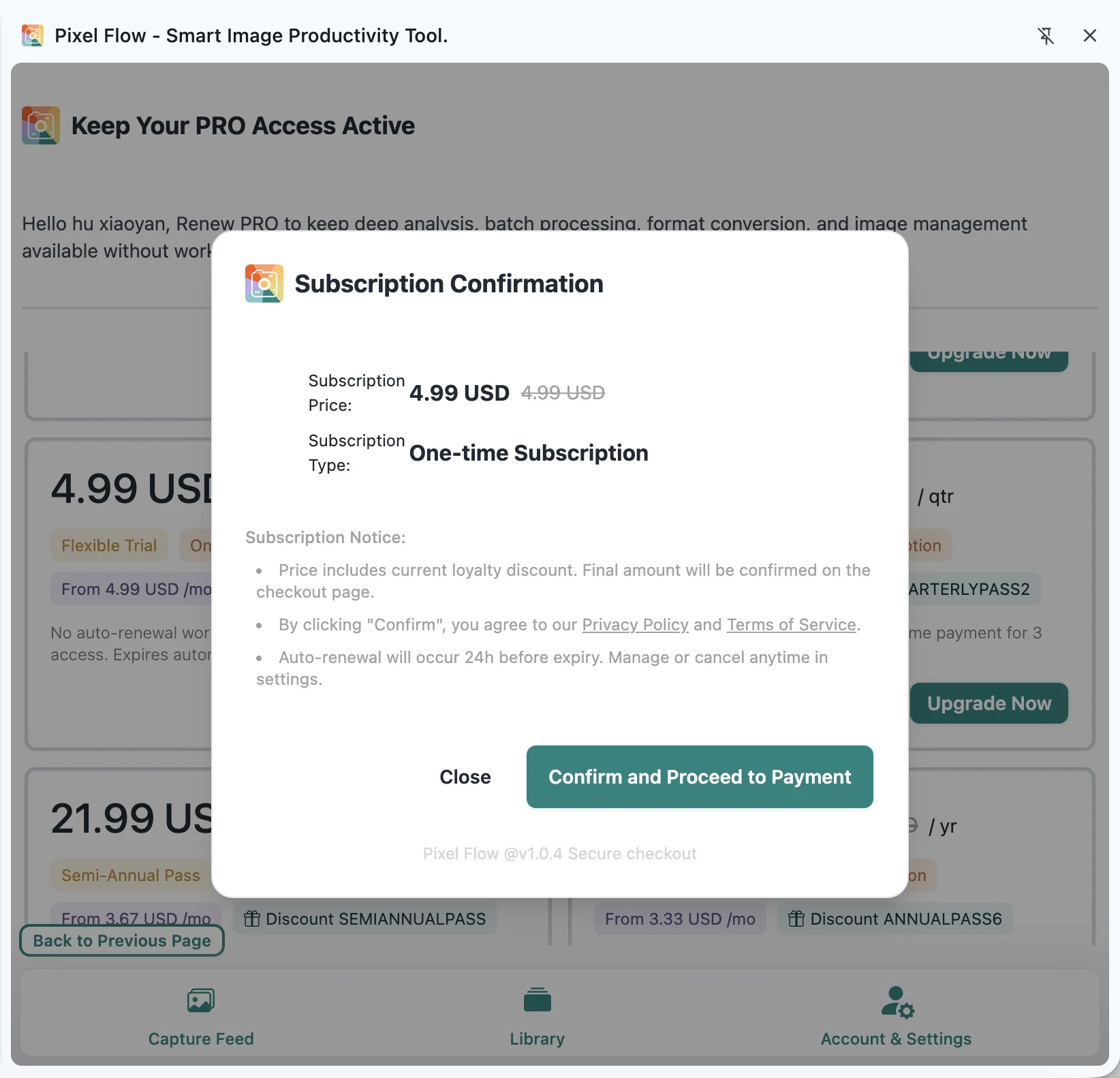 Pixel Flow subscription confirmation dialog