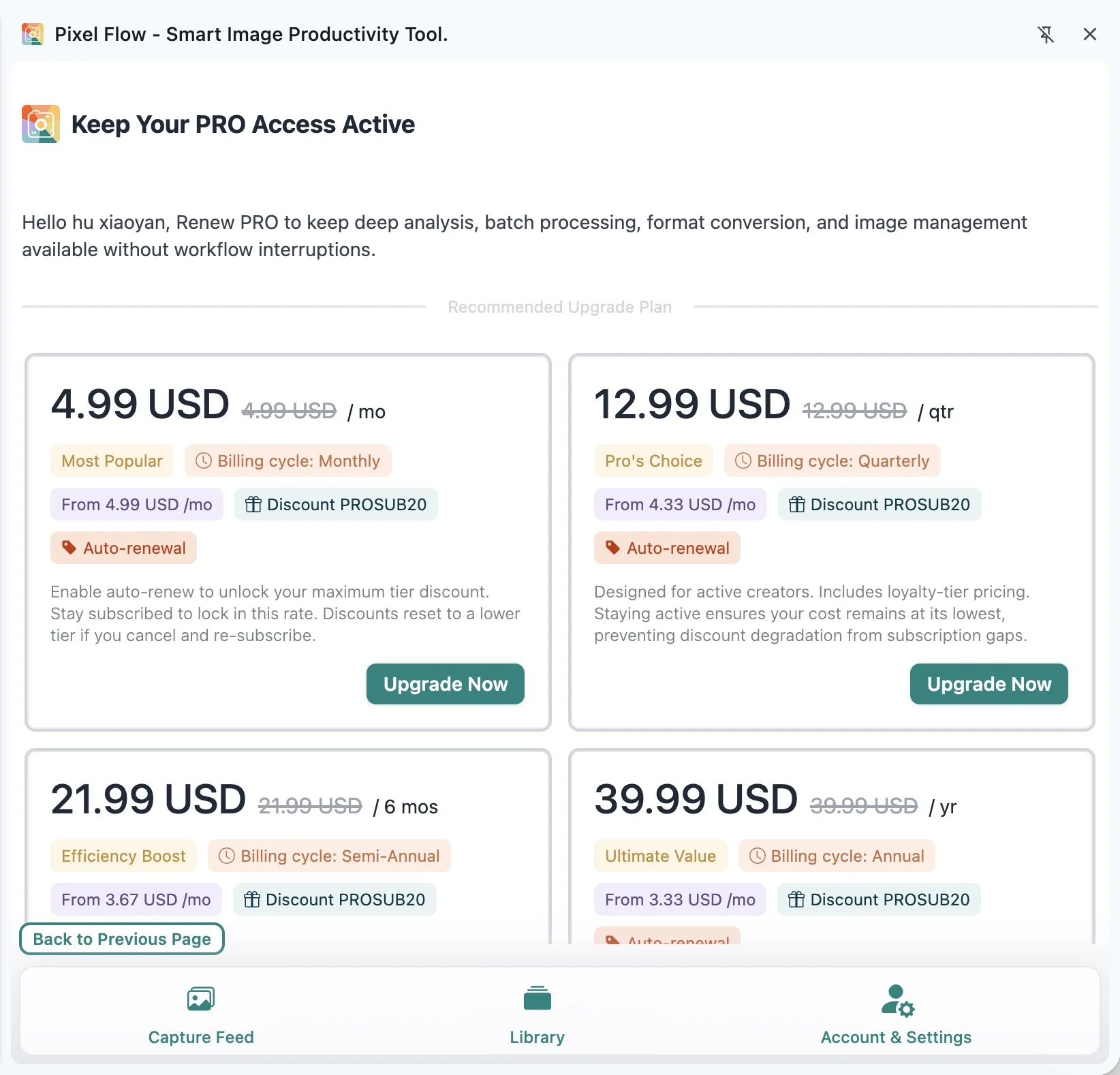 Pixel Flow PRO plan list on the upgrade page