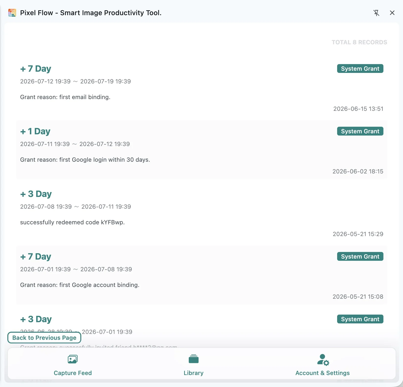 Pixel Flow PRO records page with system grants, redemption records, and invite records