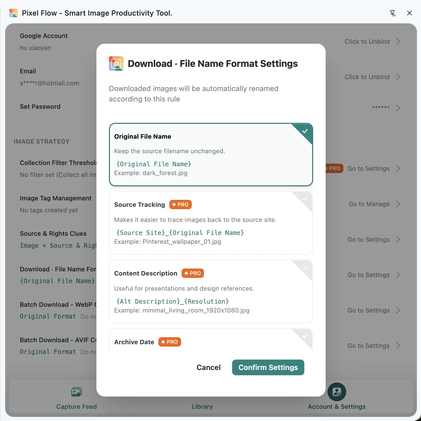 Download file naming format settings in Pixel Flow, showing source, date, number, and other filename fields